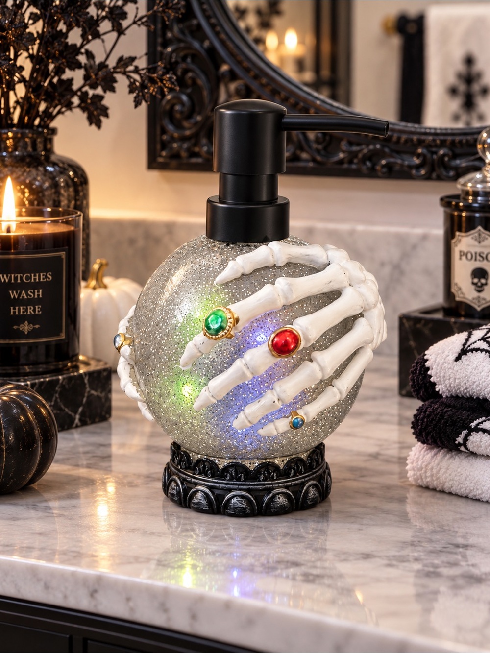 Glitter Light Up LED Crystal Ball Soap Dispenser w/ Skeleton Hand & Jewel Rings